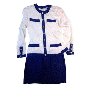 Vintage Silk Jacquard Sheath Dress – Adrianna Papell Blue White Sz 6